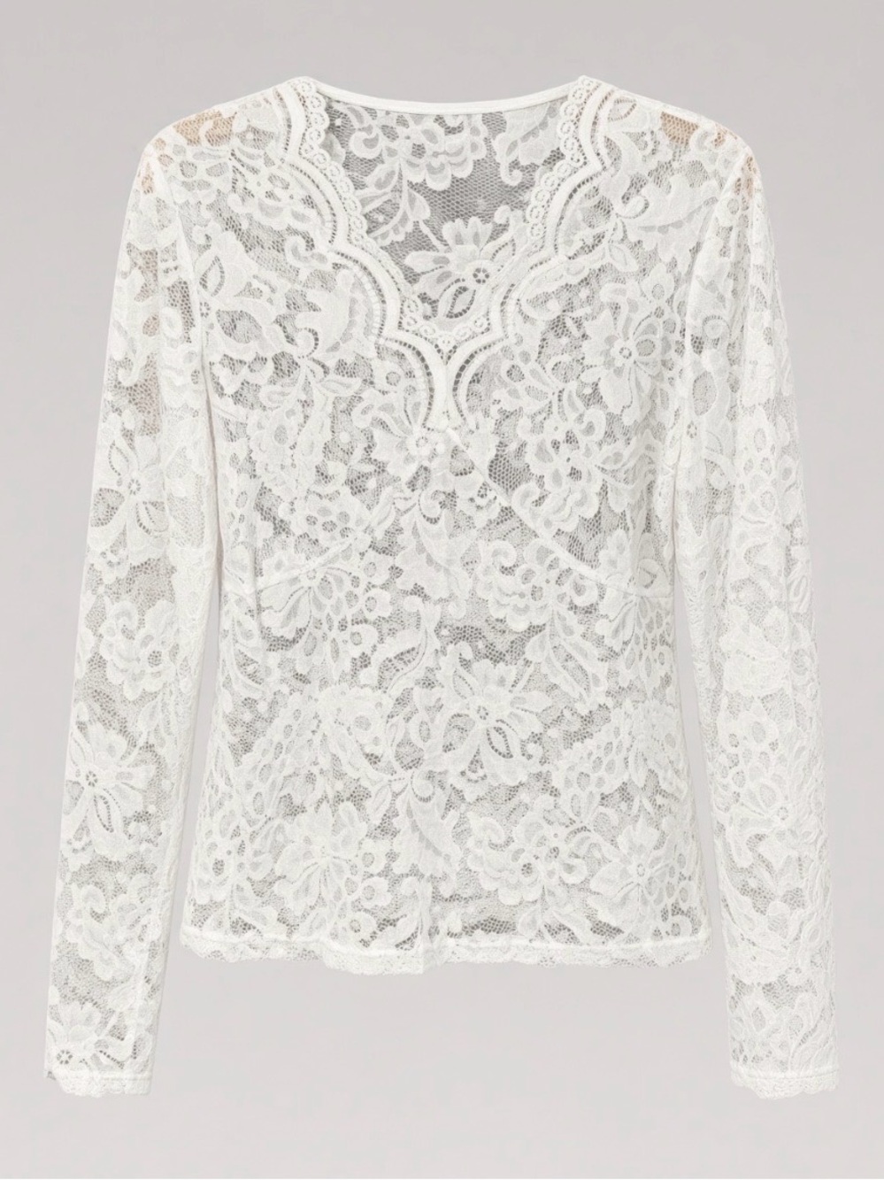 White Floral Lace Long Sleeve Blouse Scalloped Neckline